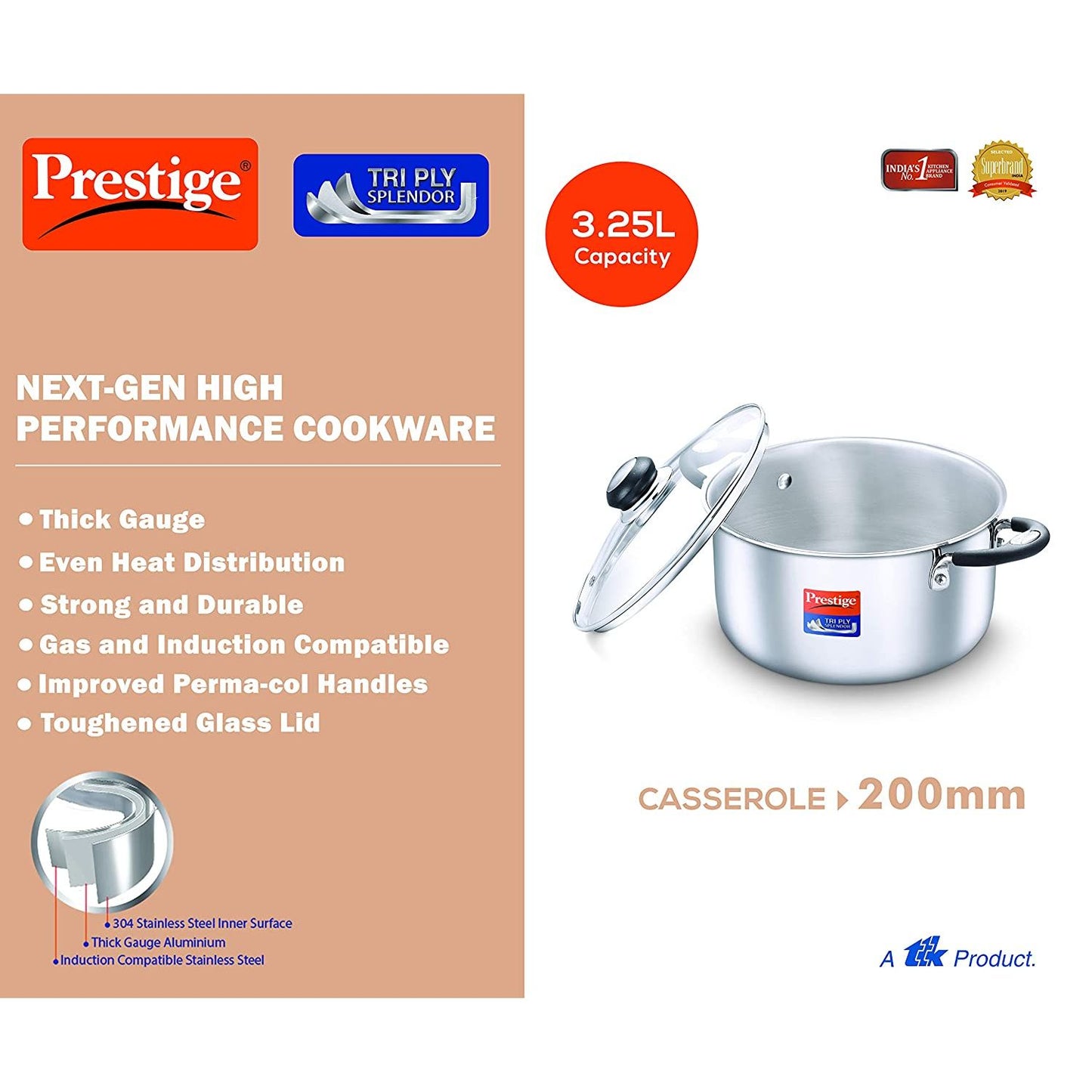 Prestige Tri Ply Splendor Stainless Steel Gas and Induction Compatible Casserole with Glass Lid