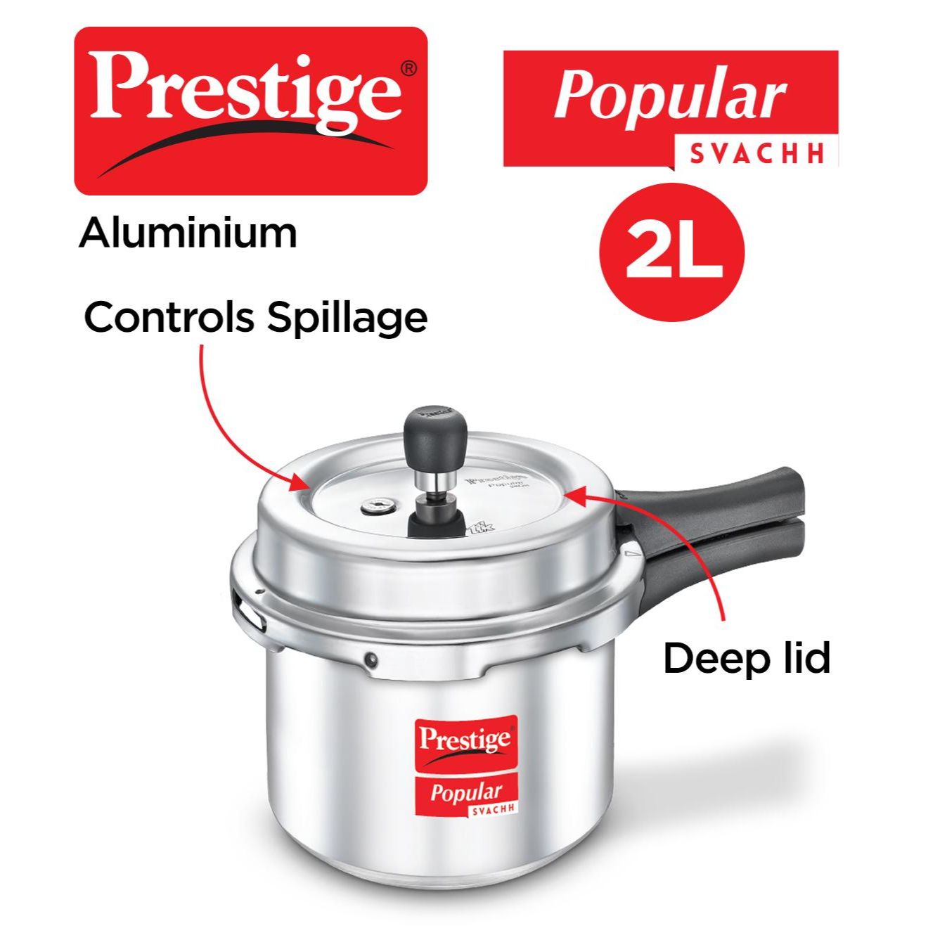 Prestige Popular Svachh Aluminium Non-Induction Base Outer Lid Pressure Cooker, 2 Litres Tall