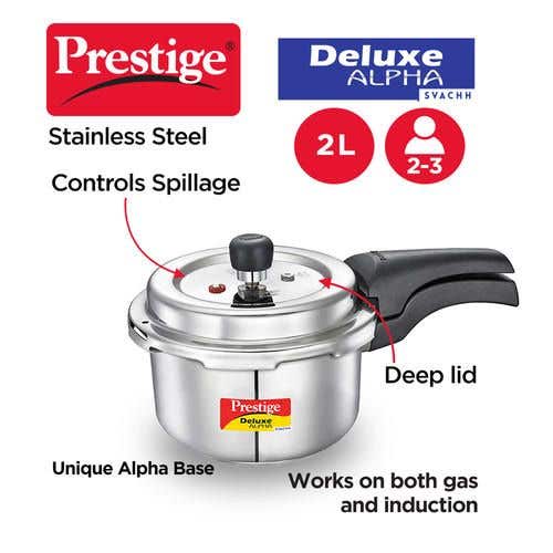 Prestige Deluxe Alpha Svachh Stainless Steel Induction Base Outer Lid Pressure Cooker, 2 Litres