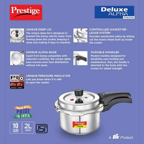 Prestige Deluxe Alpha Svachh Stainless Steel Induction Base Outer Lid Pressure Cooker, 2 Litres