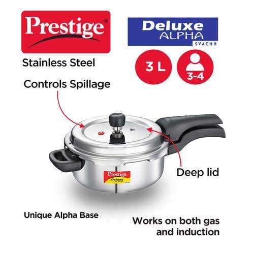 Prestige Deluxe Alpha Svachh Stainless Steel Induction Base Outer Lid Pressure Cooker, 3 Litres