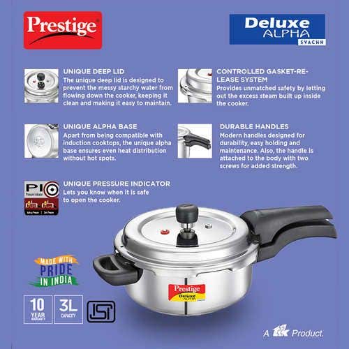 Prestige Deluxe Alpha Svachh Stainless Steel Induction Base Outer Lid Pressure Cooker, 3 Litres