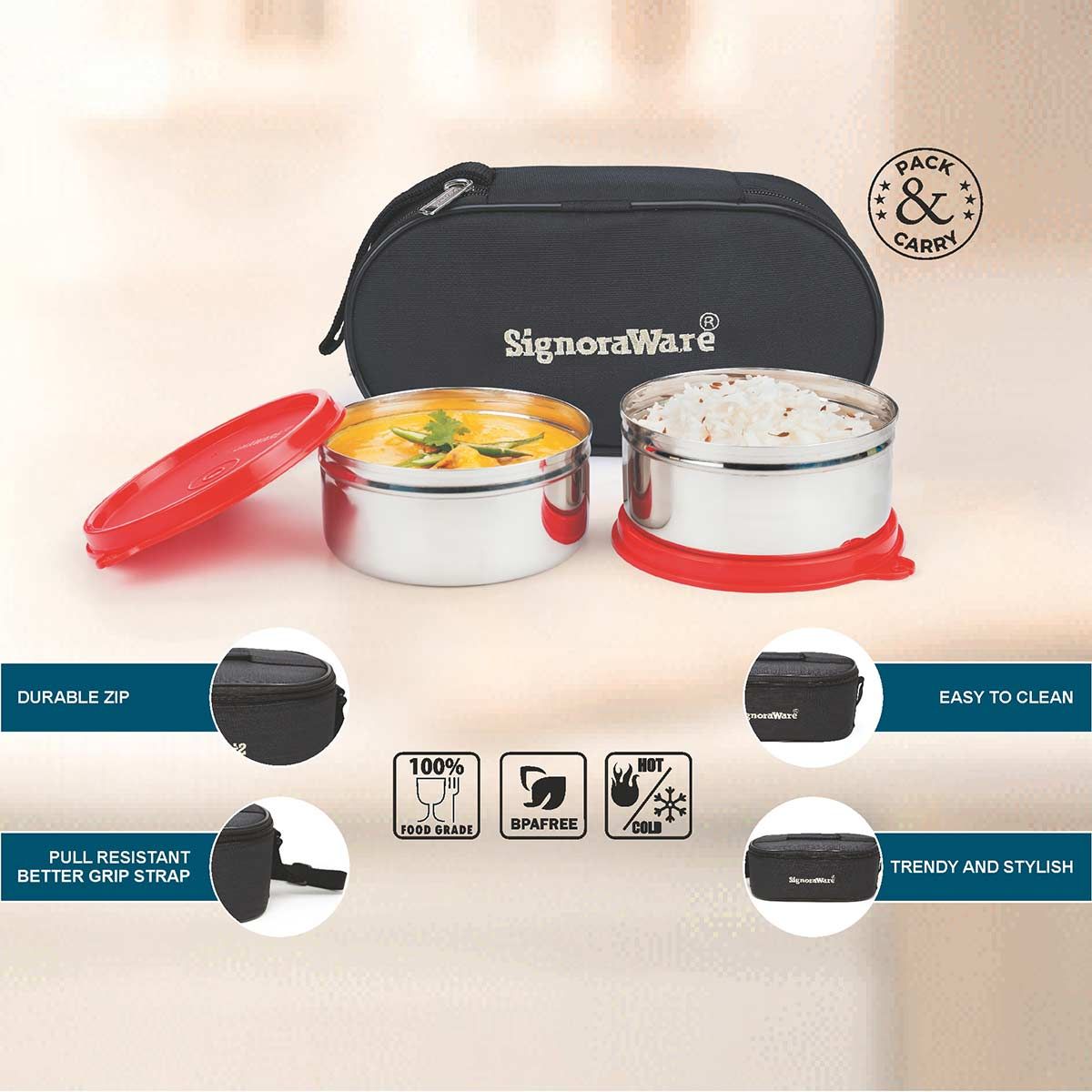 Signoraware Midday Maxx Fresh Steel Stainless Steel Lunch Box with Bag