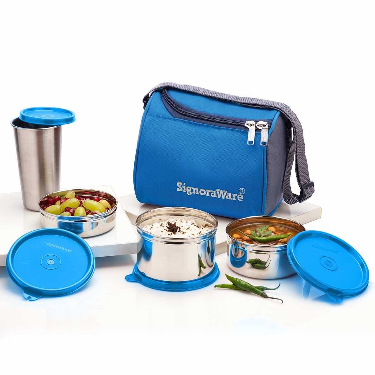 Signoraware Best Steel Stainless Steel Lunch Box with Steel Tumbler and Bag