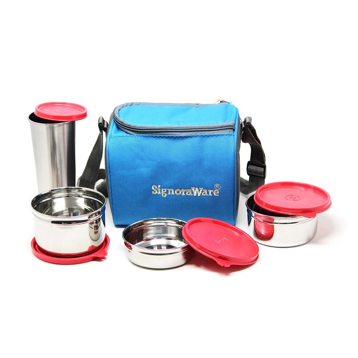 Signoraware Best Steel Stainless Steel Lunch Box with Steel Tumbler and Bag