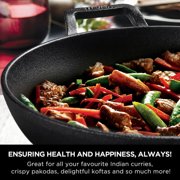 Meyer Pre-Seasoned Cast Iron Deep Kadai with Glass Lid