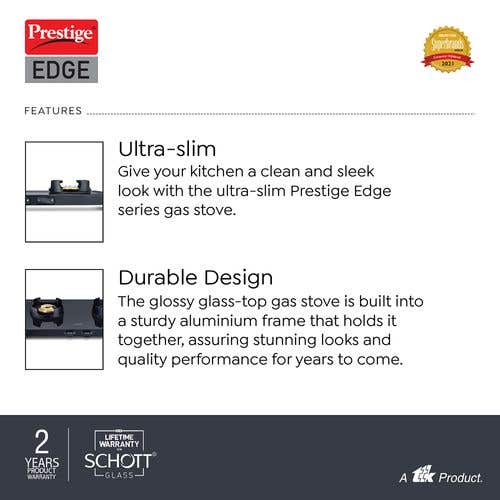 Prestige Edge PEBS 02 Schott Glass Top Gas Stove, 2 Burner