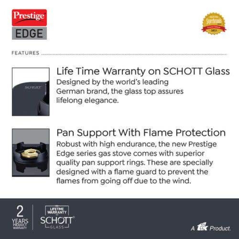 Prestige Edge PEBS 03 Schott Glass Top Gas Stove, 3 Burner