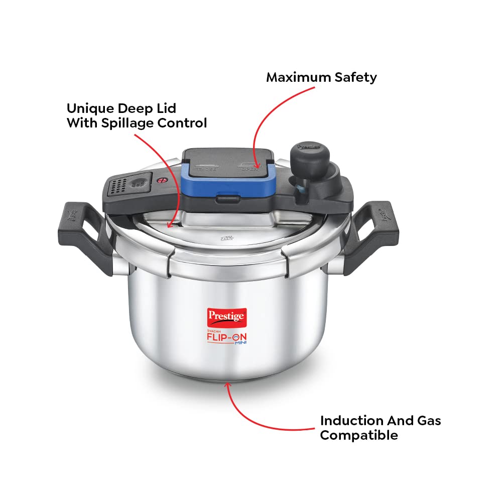 Prestige Svachh Flip-On Stainless Steel Base Inner Lid Pressure Pressure Cooker, 5 Litres