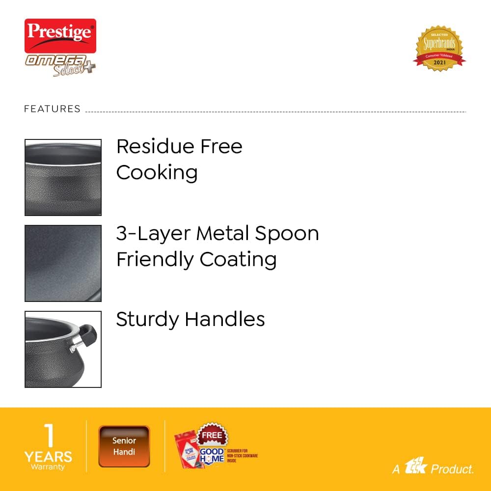 Prestige Omega Select Plus Aluminium Non-Induction Base Non-Stick Senior Handi with Lid, 230MM