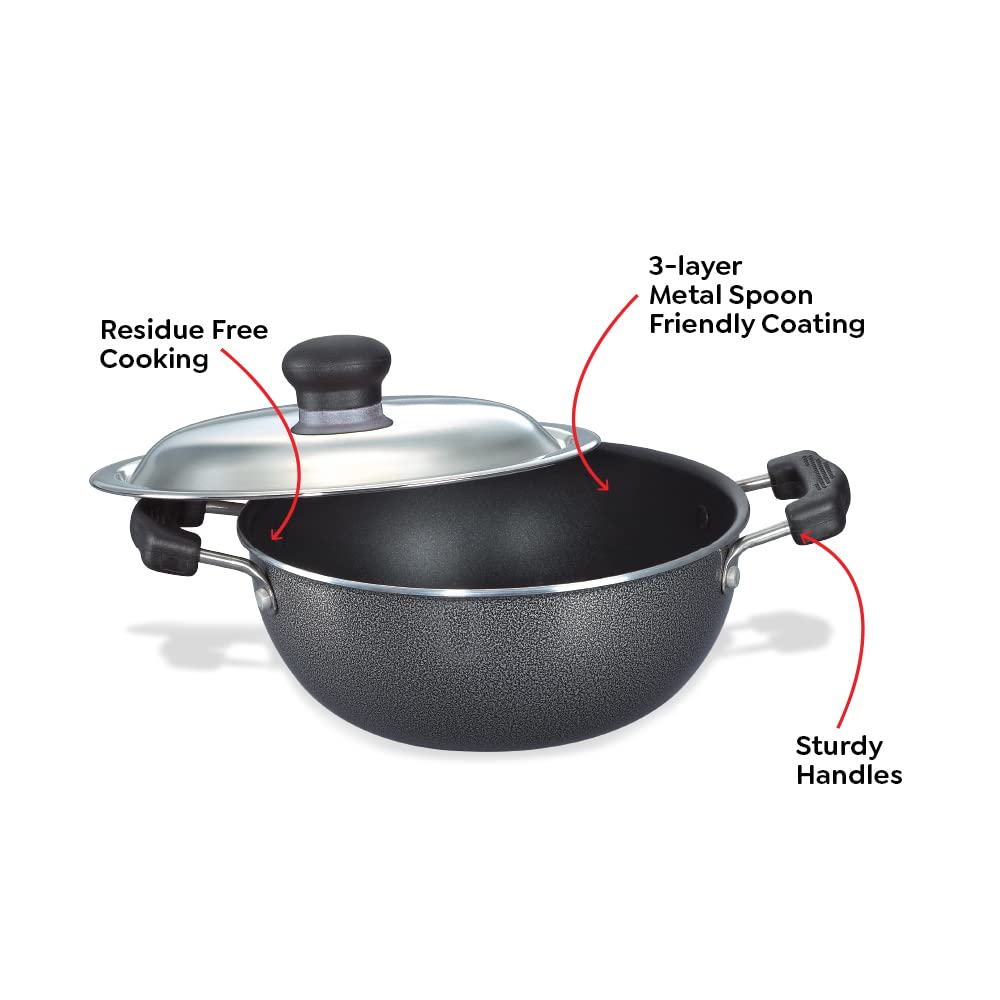 Prestige Omega Select Plus Aluminium Non-Induction Base Non-Stick Flat Base Kadai with SS Lid