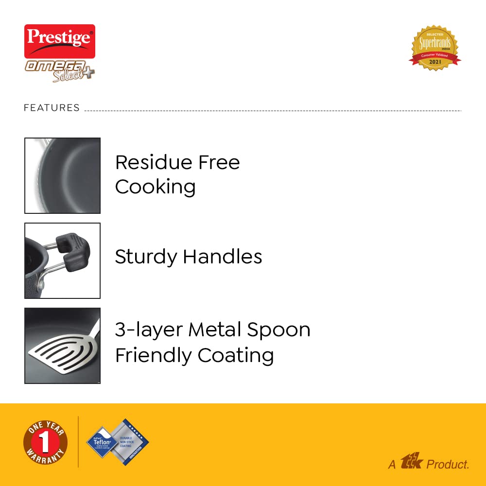 Prestige Omega Select Plus Aluminium Non-Induction Base Non-Stick Flat Base Kadai with SS Lid