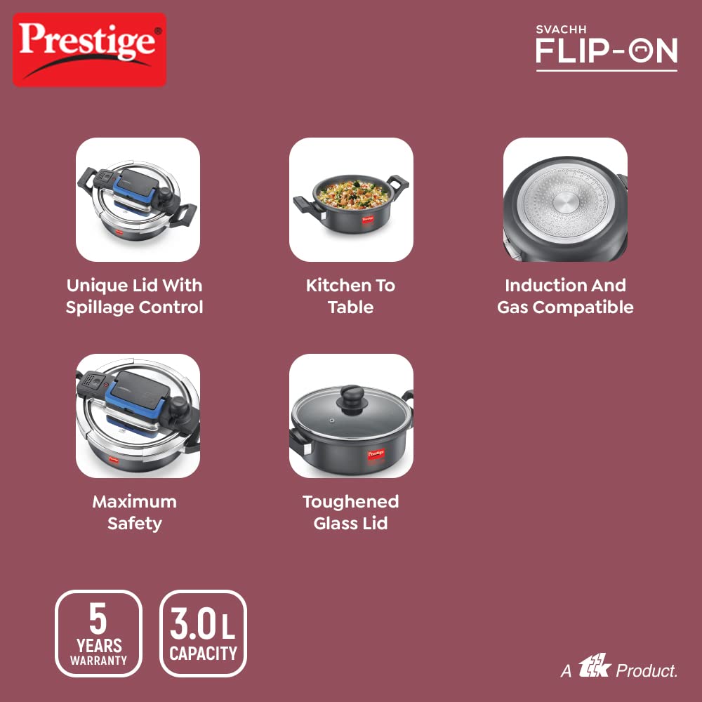 Prestige Svachh Flip-On Hard Anodised Aluminium Induction Base Inner Lid Pressure Cooker, 3 Litres