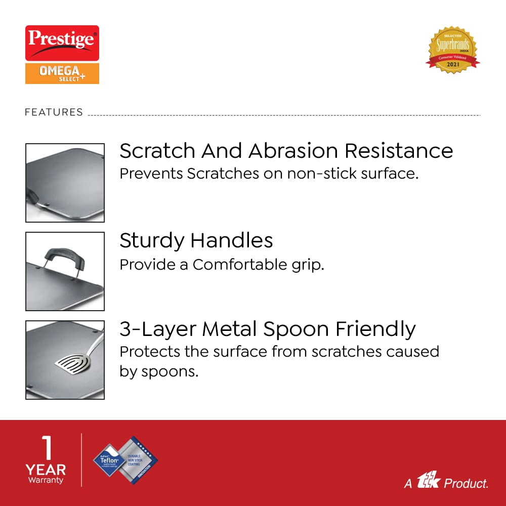 Prestige Omega Select Plus Aluminium Non-Induction Base Non-Stick Square Tawa, 305MM