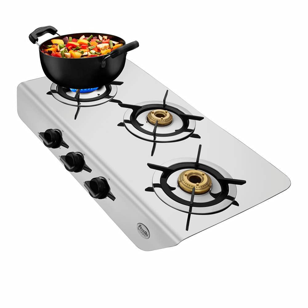 Preethi Stylo Steel Slim SSGS-011 Stainless Steel Gas Stove, 3 Burner