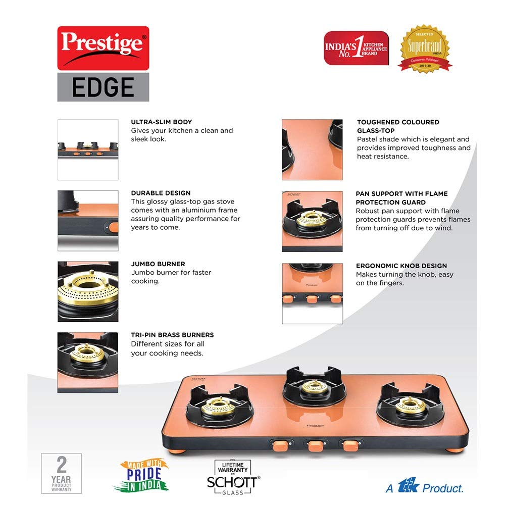 Prestige Edge PEPS 03 Schott Glass Top Gas Stove, 3 Burner