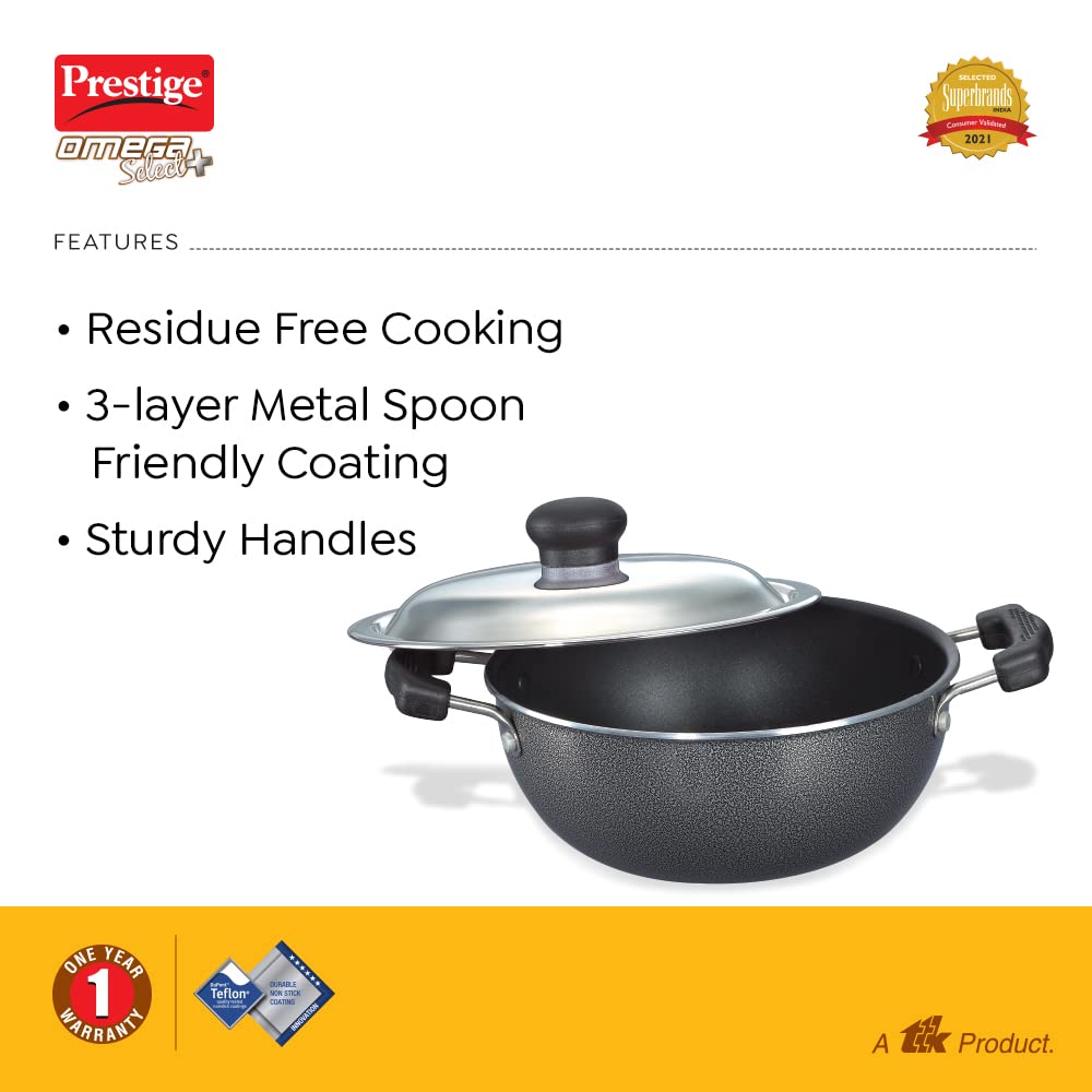 Prestige Omega Select Plus Aluminium Non-Induction Base Non-Stick Flat Base Kadai with SS Lid
