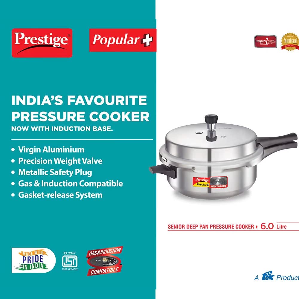 Prestige Popular Plus Virgin Aluminium Induction Base Outer Lid Pressure Cooker Junior Deep Pan, 6 Litres