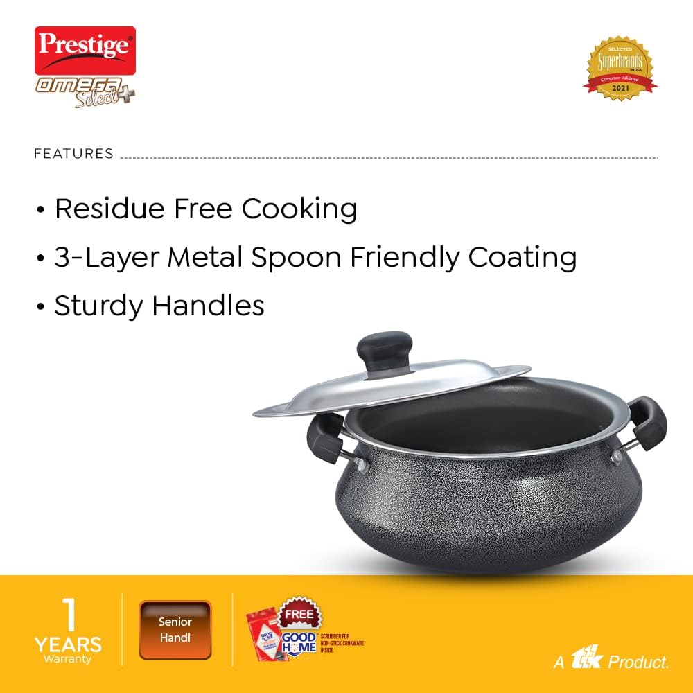 Prestige Omega Select Plus Aluminium Non-Induction Base Non-Stick Senior Handi with Lid, 230MM