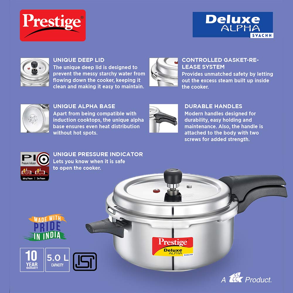 Prestige Deluxe Alpha Svachh Stainless Steel Induction Base Outer Lid Deep Pressure Cooker Pan, 5 Litres