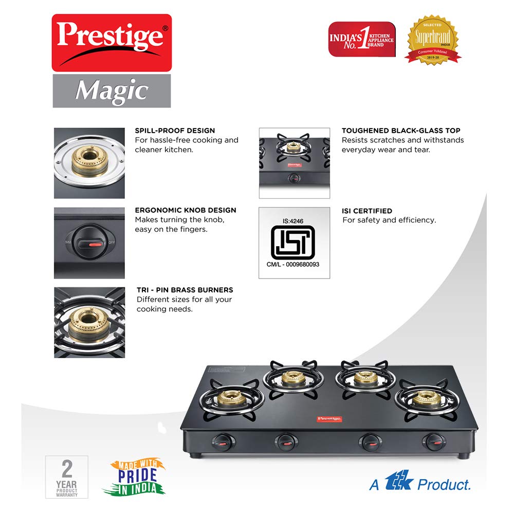 Prestige Magic GTMC 04L Toughened Glass Top Gas Stove, 4 Burner