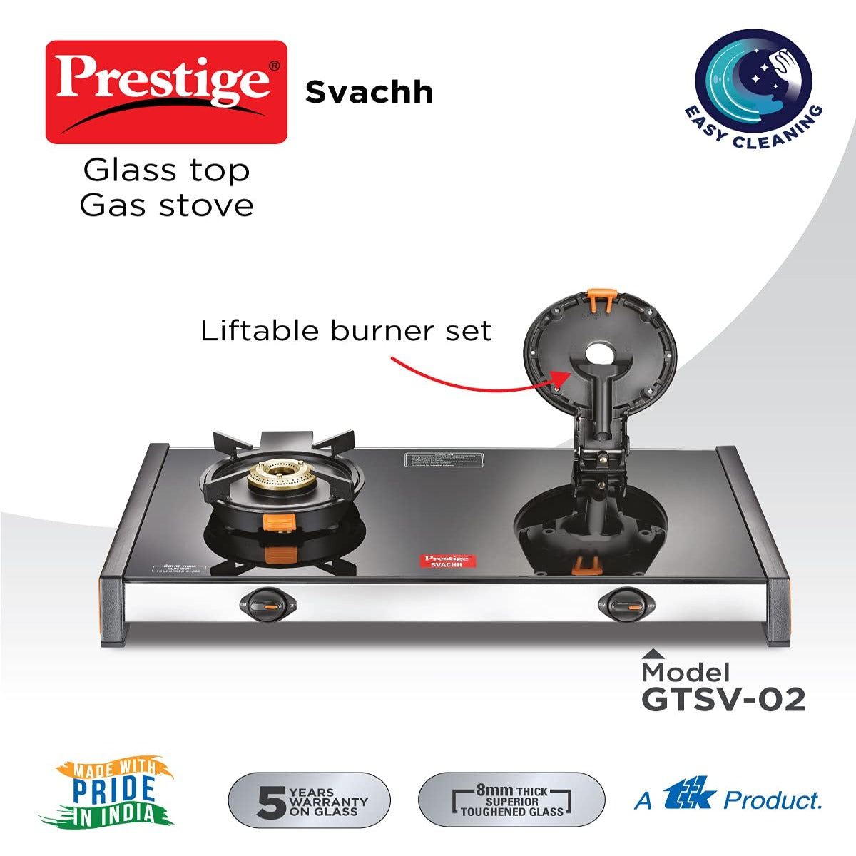 Prestige Svachh GTSV 02 Toughened Glass Top Gas Stove with Liftable Burner Set, 2 Burners