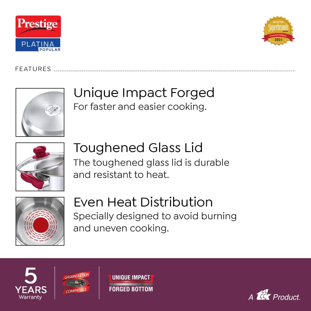 Prestige Platina Popular Stainless Steel Unique Impact Forged Bottom Casserole with Glass Lid