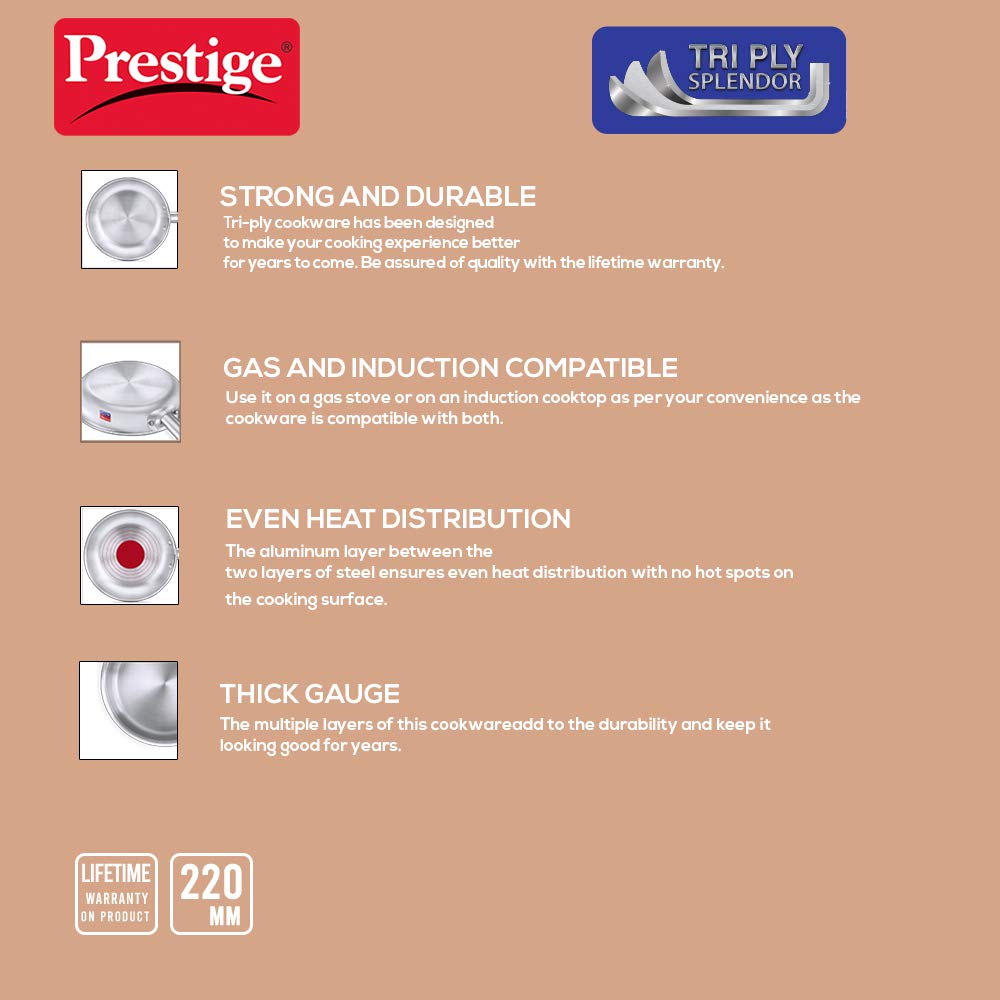 Prestige Tri-ply Splendor Stainless Steel Thick Gauge Fry Pan