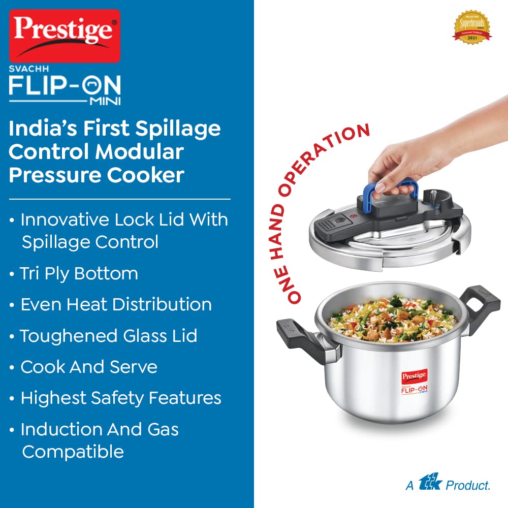Prestige Svachh Flip-On Mini Stainless Steel Induction Base Inner Lid Pressure Cooker, 3 Litres
