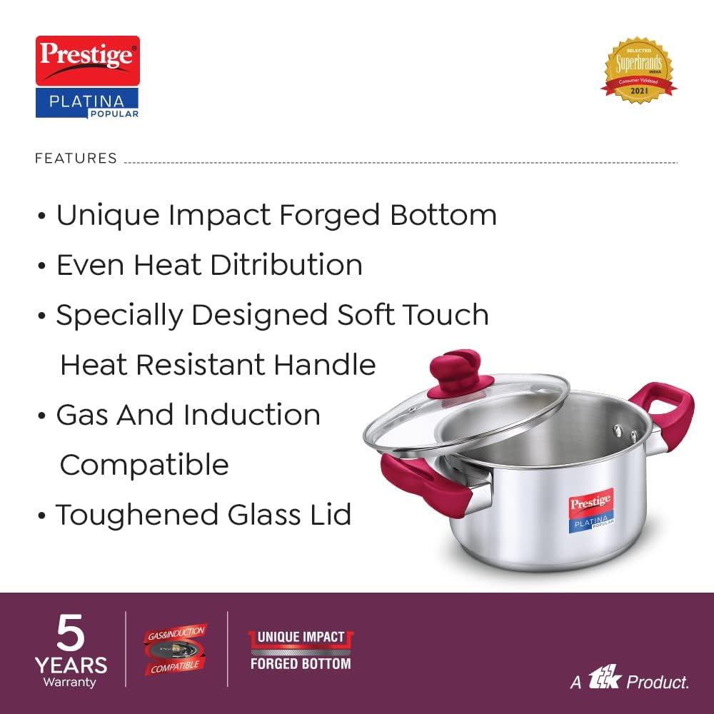 Prestige Platina Popular Stainless Steel Unique Impact Forged Bottom Casserole with Glass Lid