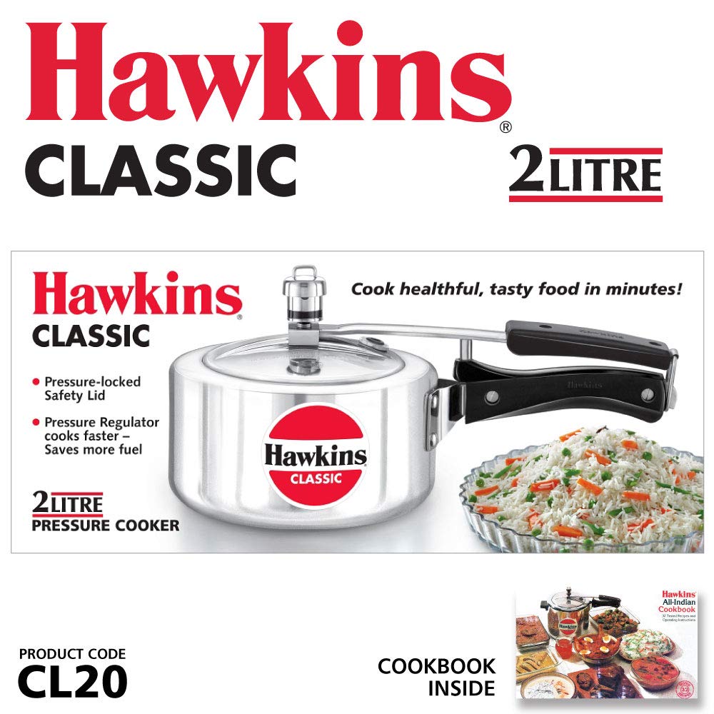 Hawkins Classic Aluminium Non-Induction Base Inner Lid Pressure Cooker, 2 Litres