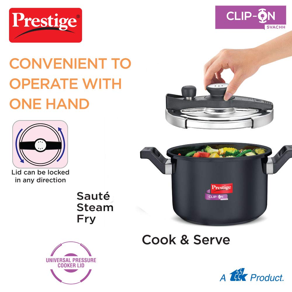 Prestige ClipOn Svachh Hard Anodised Induction Base Inner Lid Pressure Cooker, 5 Litres