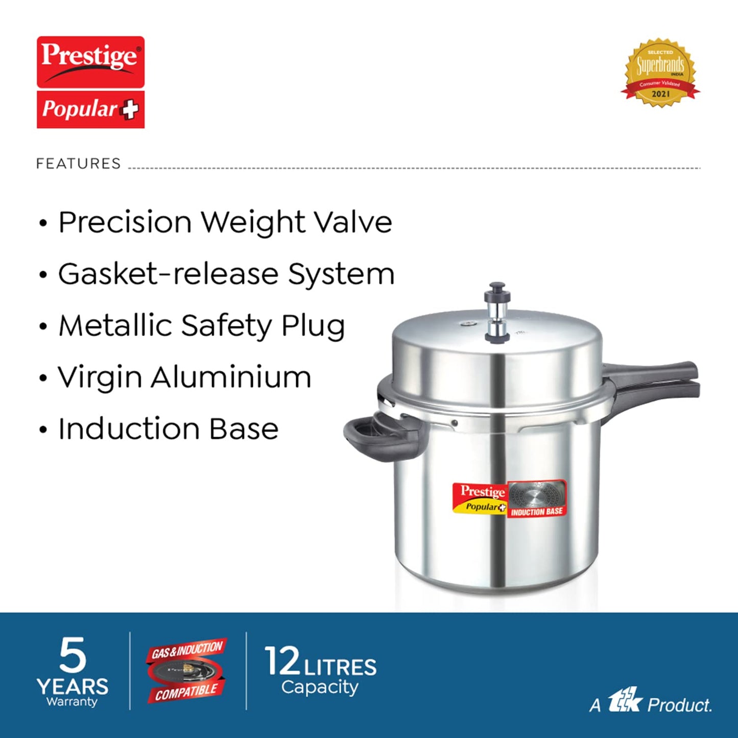 Prestige Popular Plus Virgin Aluminium Induction Base Outer Lid Pressure Cooker, 12 Litres