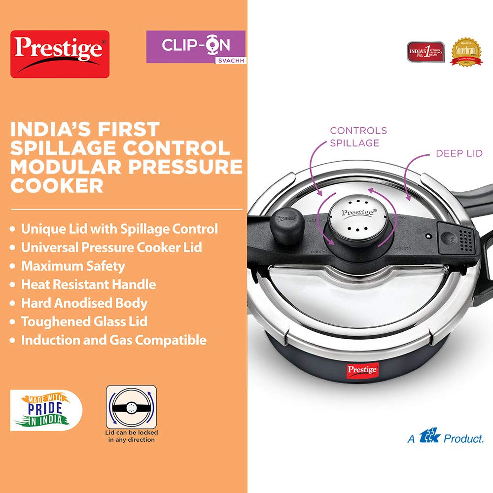 Prestige ClipOn Svachh Hard Anodised Induction Base Inner Lid Pressure Cooker, 5 Litres