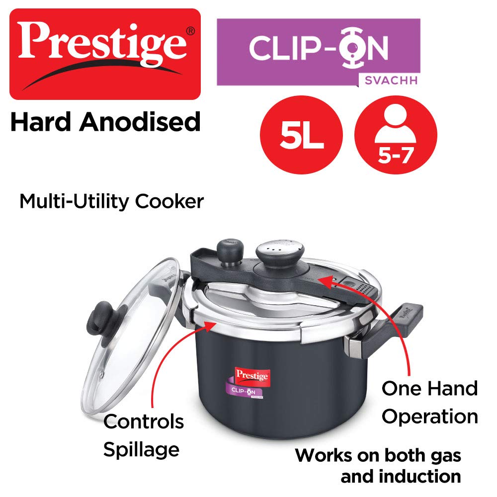 Prestige ClipOn Svachh Hard Anodised Induction Base Inner Lid Pressure Cooker, 5 Litres