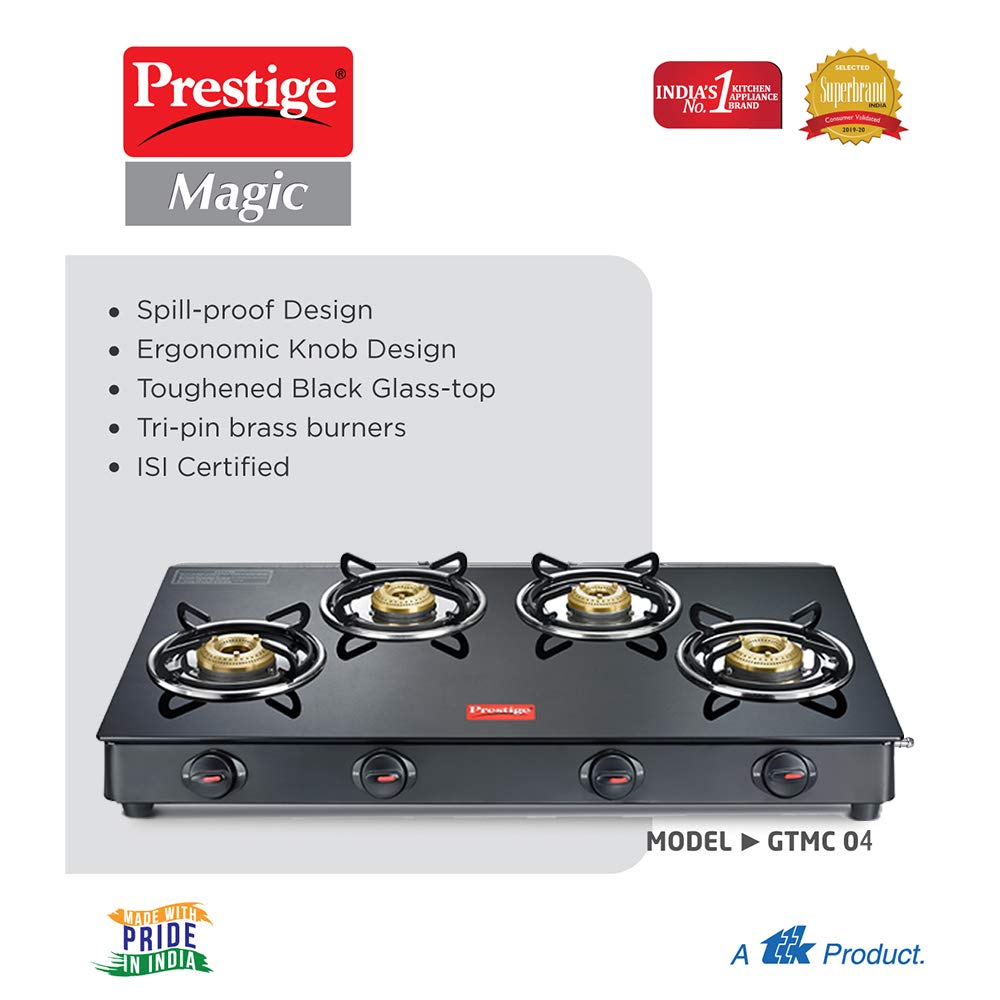 Prestige Magic GTMC 04L Toughened Glass Top Gas Stove, 4 Burner