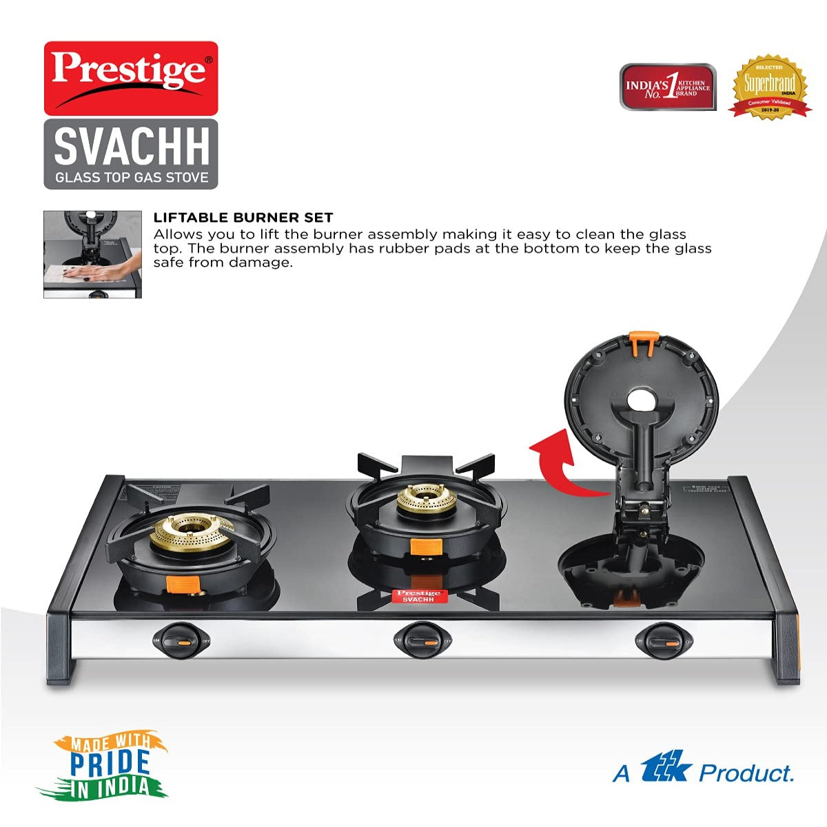 Prestige Svachh GTSV 03 Toughened Glass Top Gas Stove with Liftable Burner Set, 3 Burners