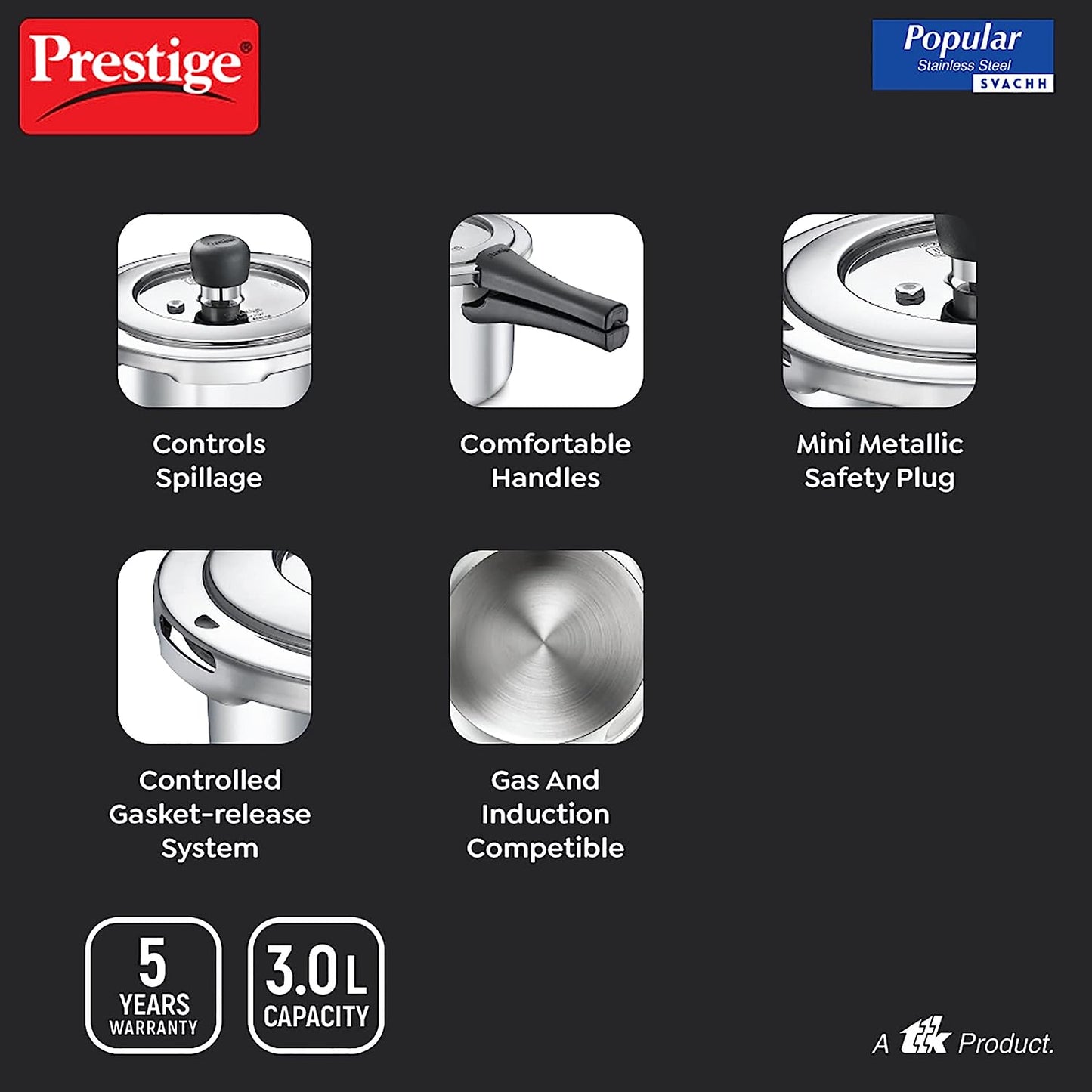 Prestige Popular Stainless Steel Svachh Spillage Control Stainless Steel Induction Base Outer Lid Pressure Cooker, 3 Litres