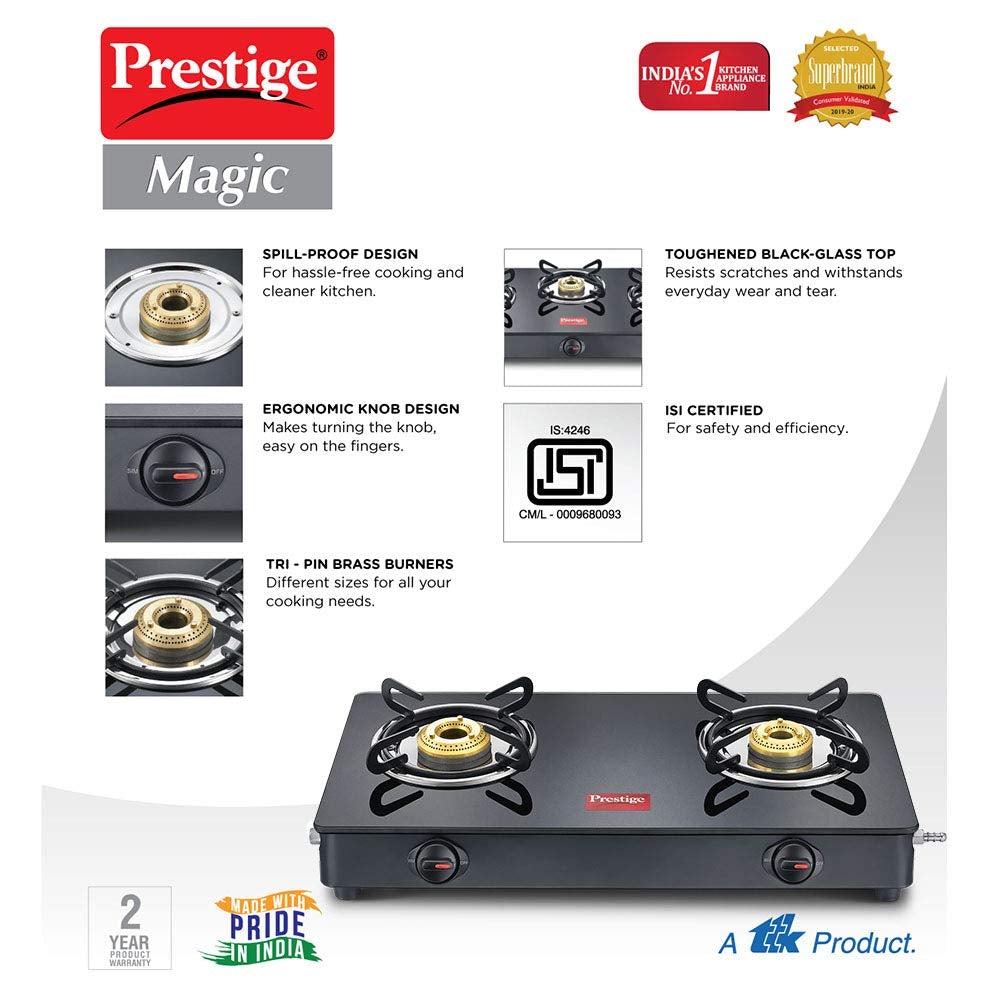 Prestige Magic GTMC 02 Toughened Glass Top Gas Stove, 2 Burner