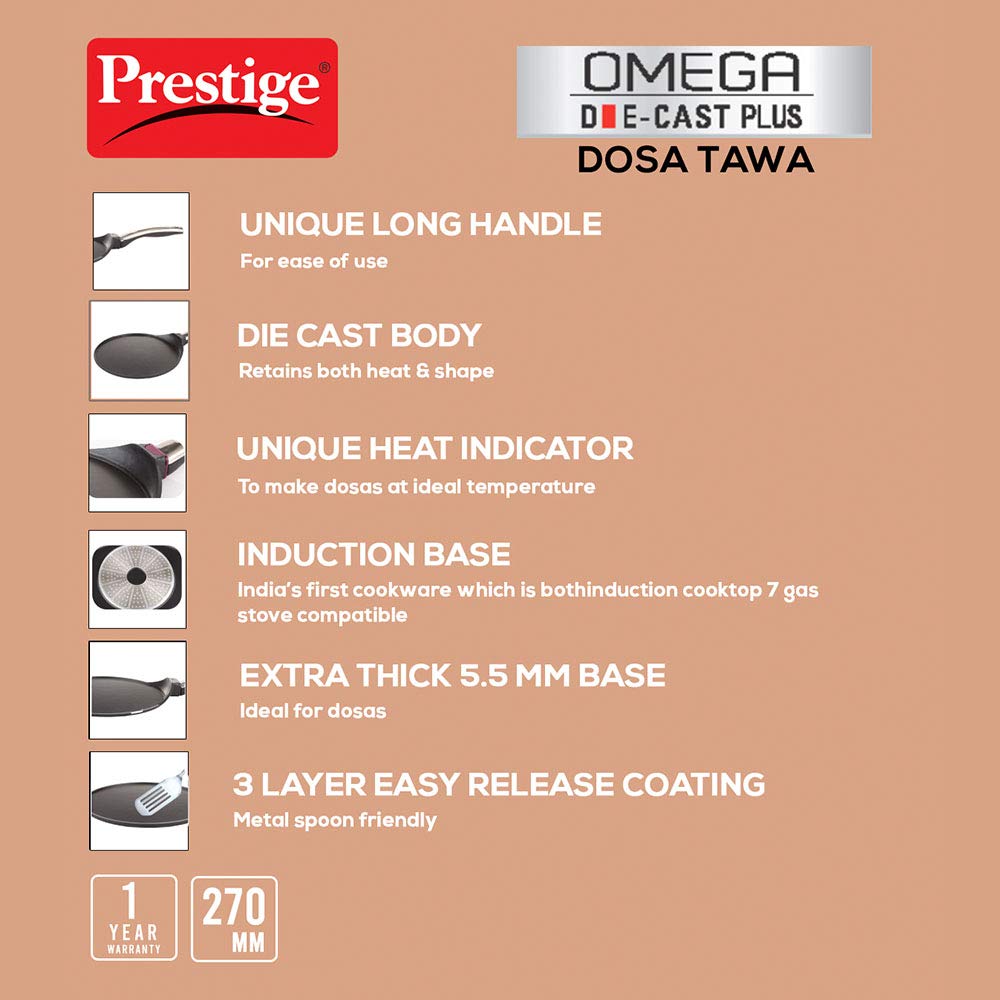 Prestige Omega Die-Cast Plus Aluminium Induction Base Non-Stick Tawa, 270MM