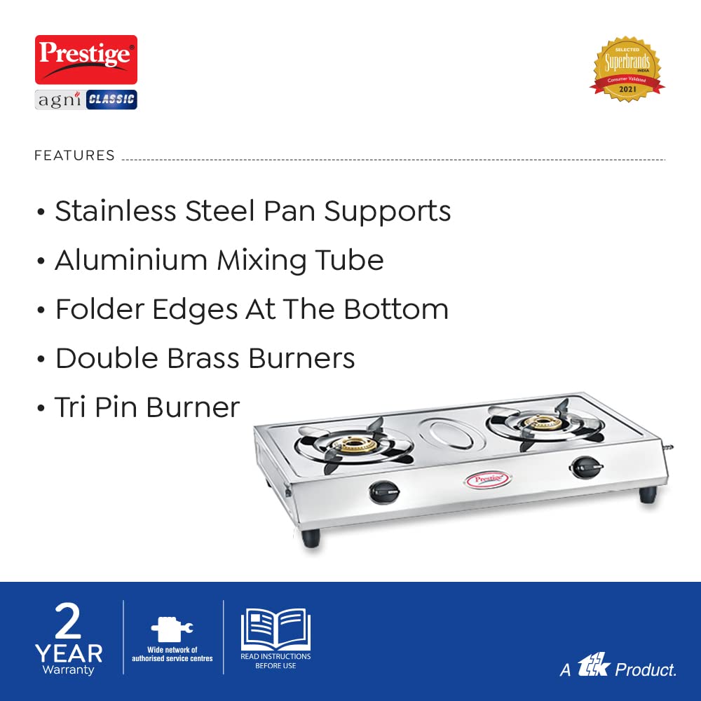 Prestige Agni Classic Stainless Steel Gas Stove, 2 Burner