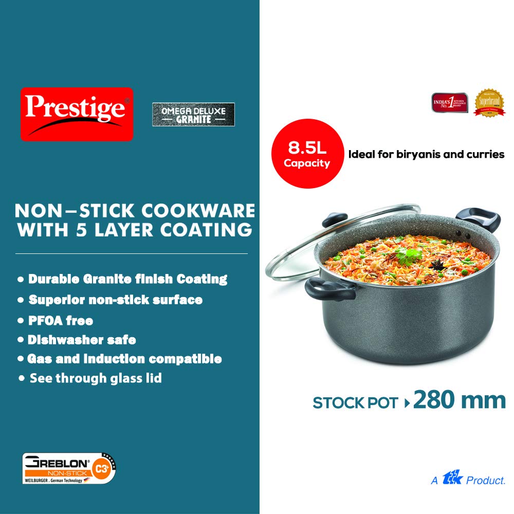 Prestige Omega Deluxe Granite Aluminium Induction Base Non-Stick Stock Pot, 280MM