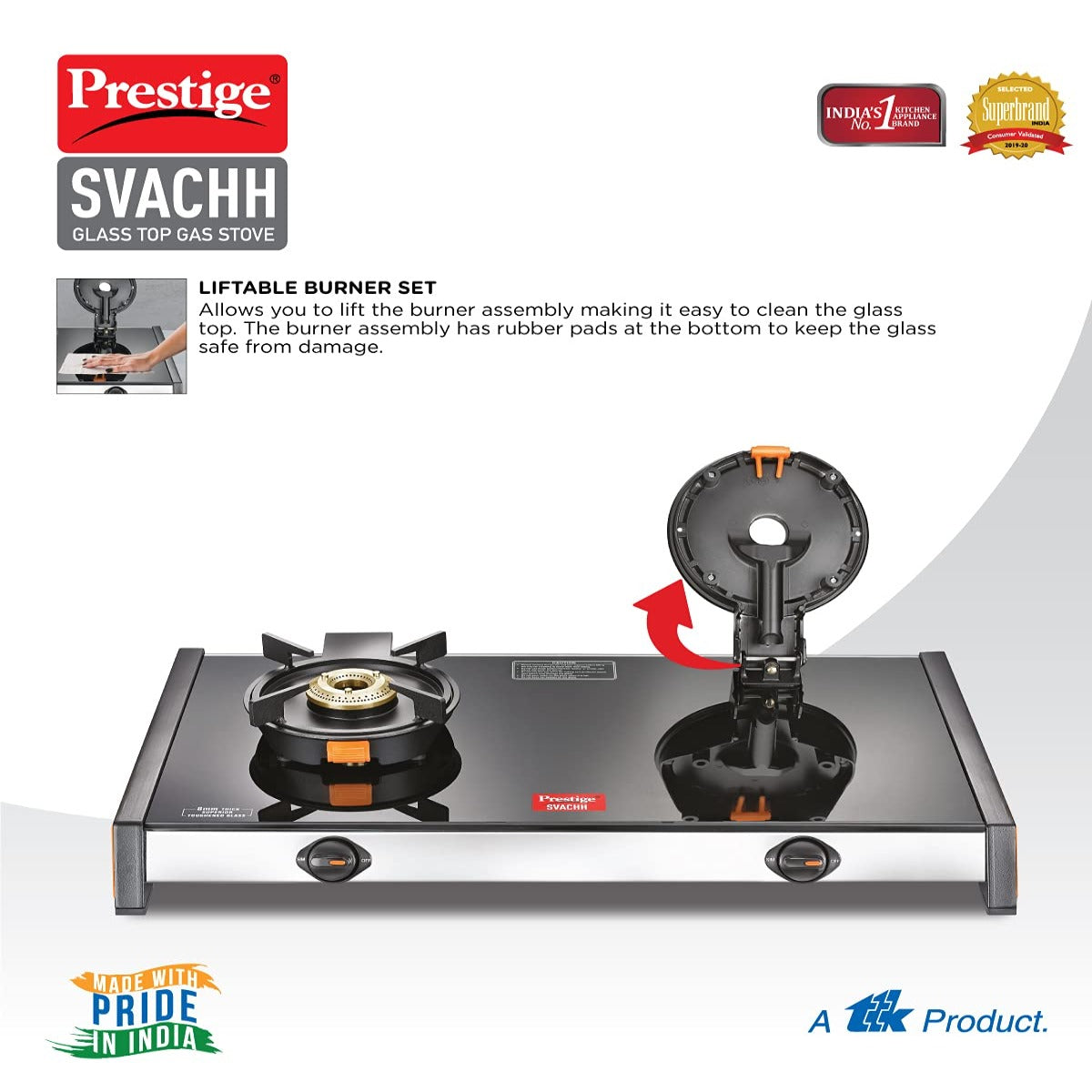 Prestige Svachh GTSV 02 Toughened Glass Top Gas Stove with Liftable Burner Set, 2 Burners