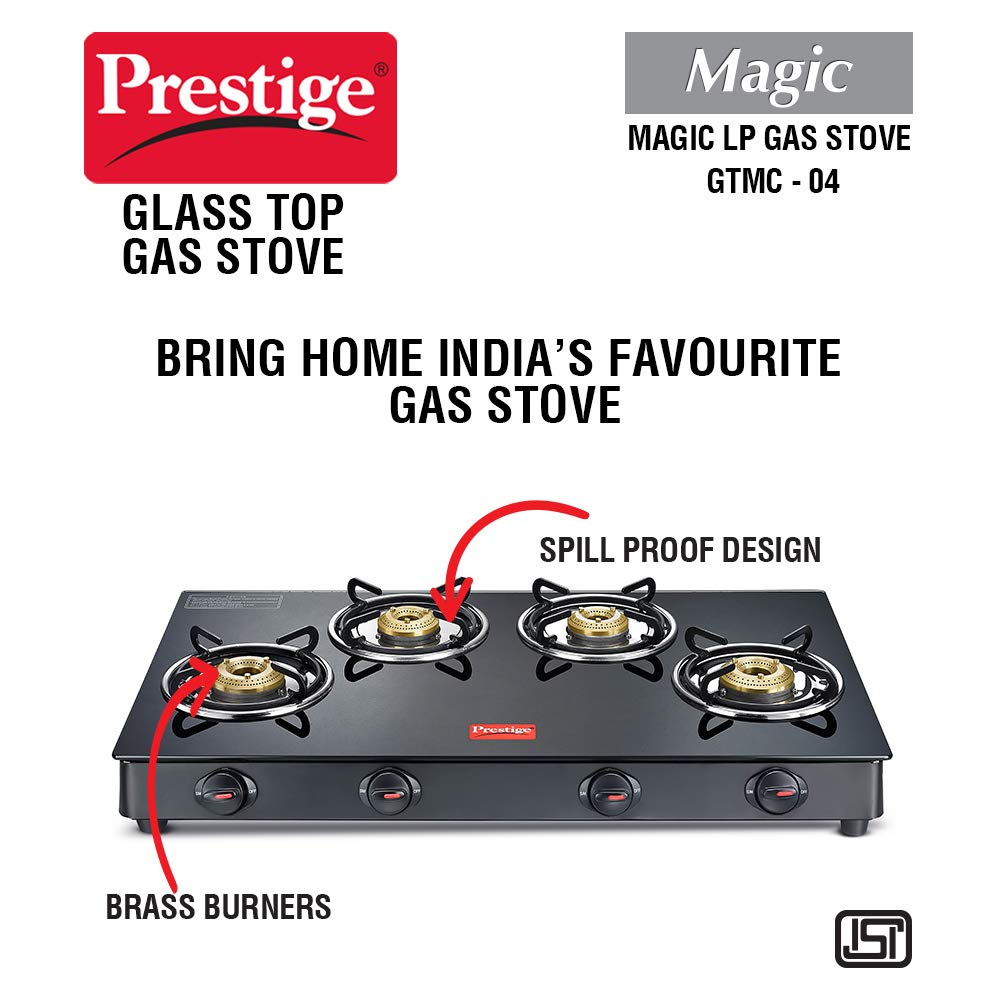 Prestige Magic GTMC 04L Toughened Glass Top Gas Stove, 4 Burner