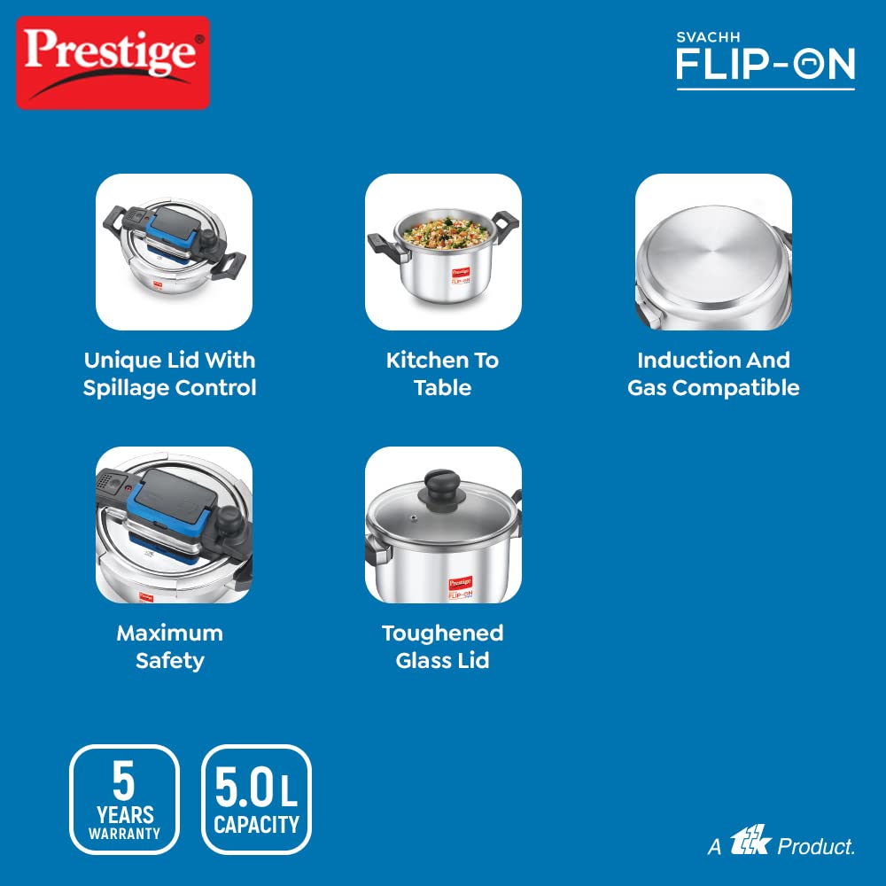 Prestige Svachh Flip-On Stainless Steel Base Inner Lid Pressure Pressure Cooker, 5 Litres