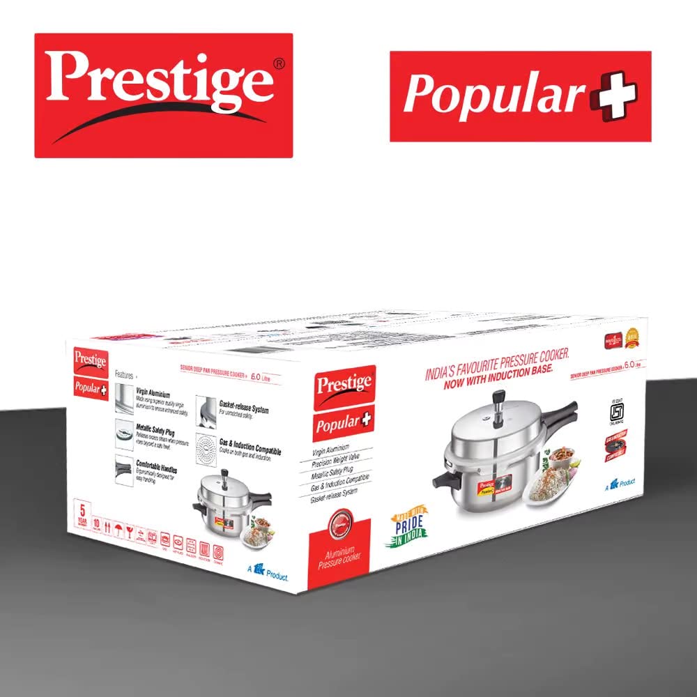 Prestige Popular Plus Virgin Aluminium Induction Base Outer Lid Pressure Cooker Junior Deep Pan, 6 Litres