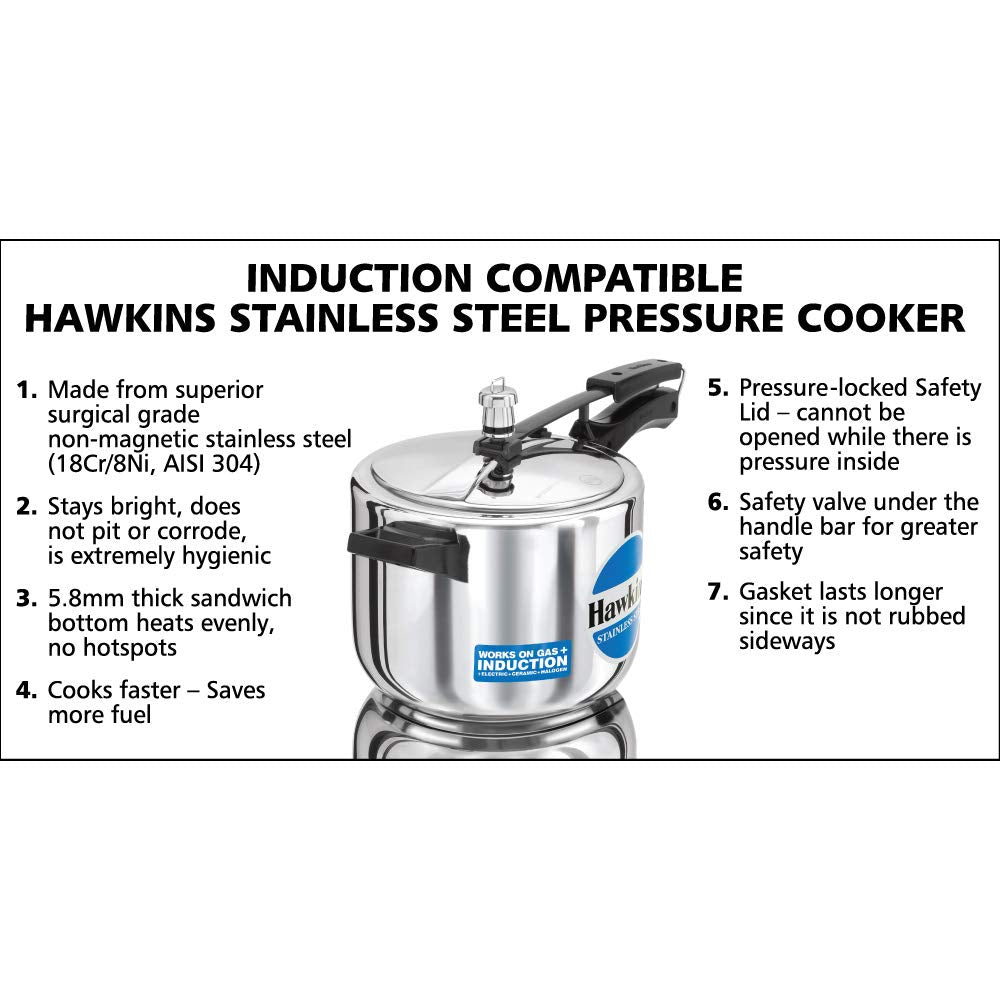 Hawkins Stainless Steel Induction Base Inner Lid Pressure Cooker, 5 Litres