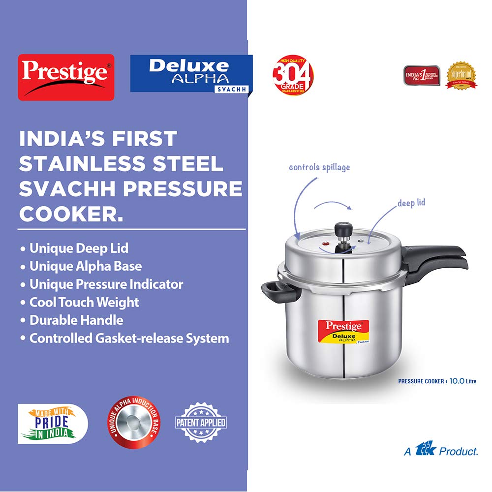 Prestige Deluxe Alpha Svachh Stainless Steel Induction Base Outer Lid Pressure Cooker, 10 Litres