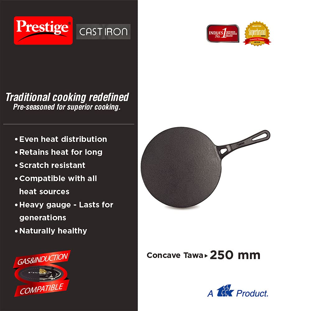 Prestige Cast Iron Concave Tawa, 250MM