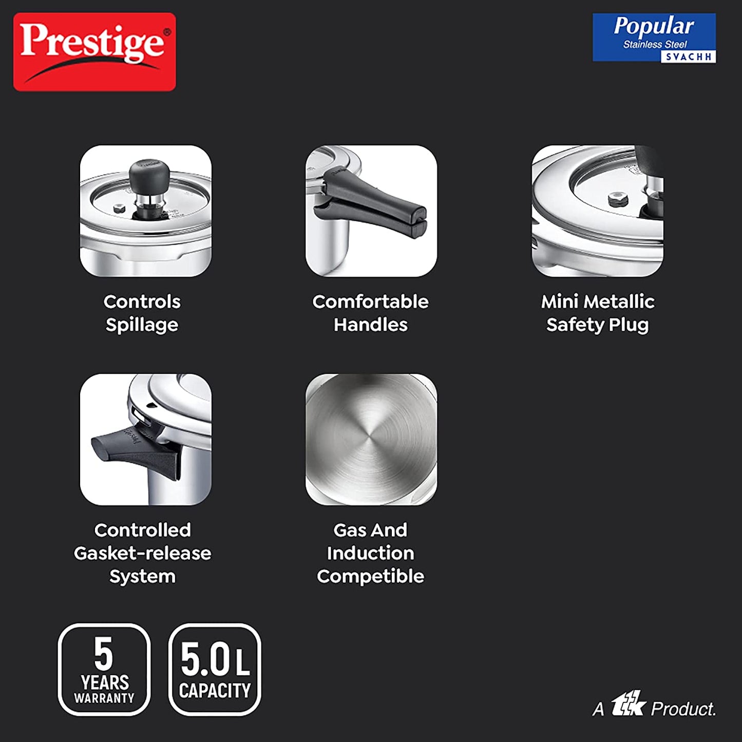Prestige Popular Stainless Steel Svachh Spillage Control Stainless Steel Induction Base Outer Lid Pressure Cooker, 5 Litres